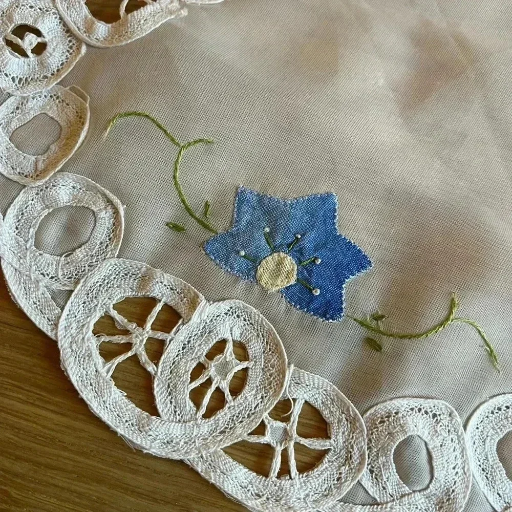 Hand-Embroidered Round Doily with Blue Flowers & Lace Trim - 11”